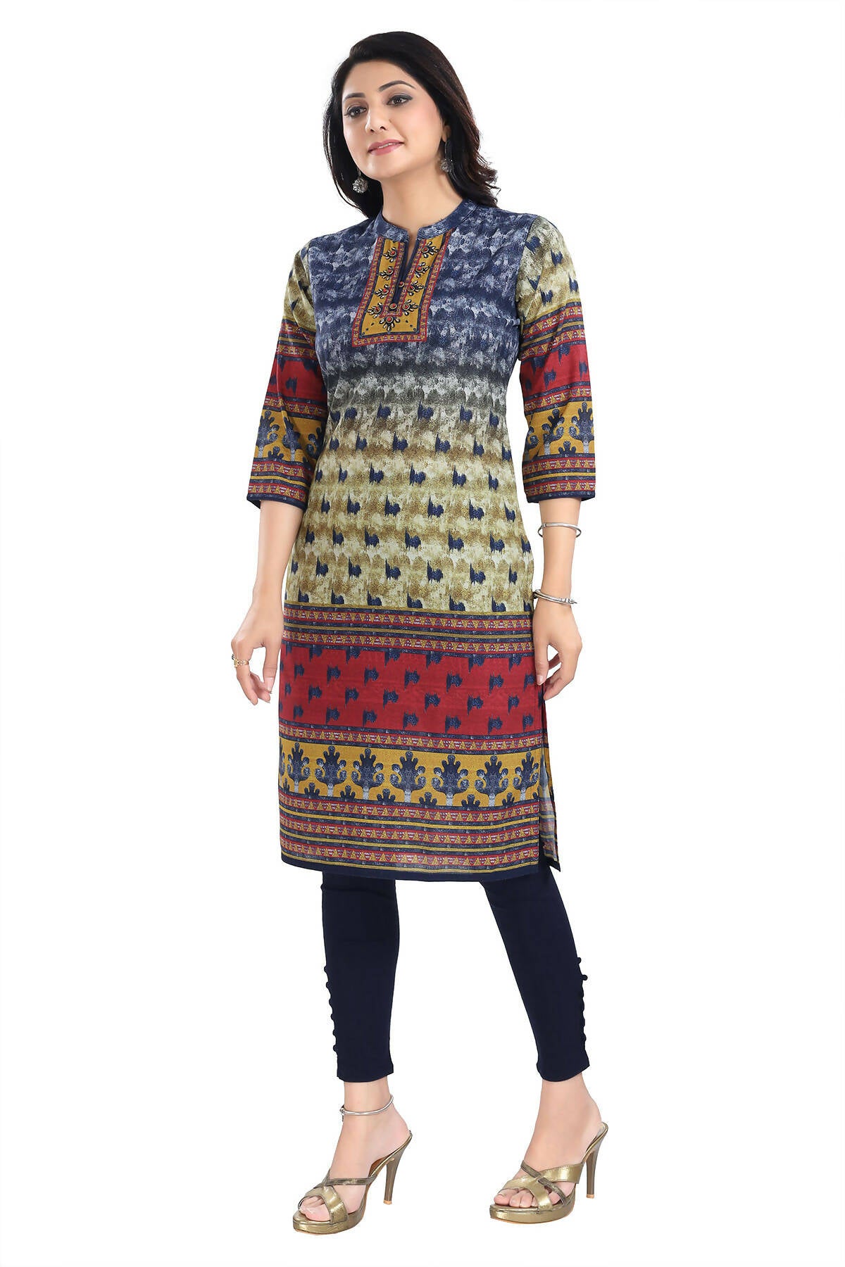Snehal Creations Multicolored Designer Digital Print Cotton Slub Fabric Long Kurti Tunic - Distacart