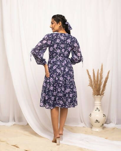 FIORRA Women's Blue Georgette Floral Printed Western Dress - Distacart