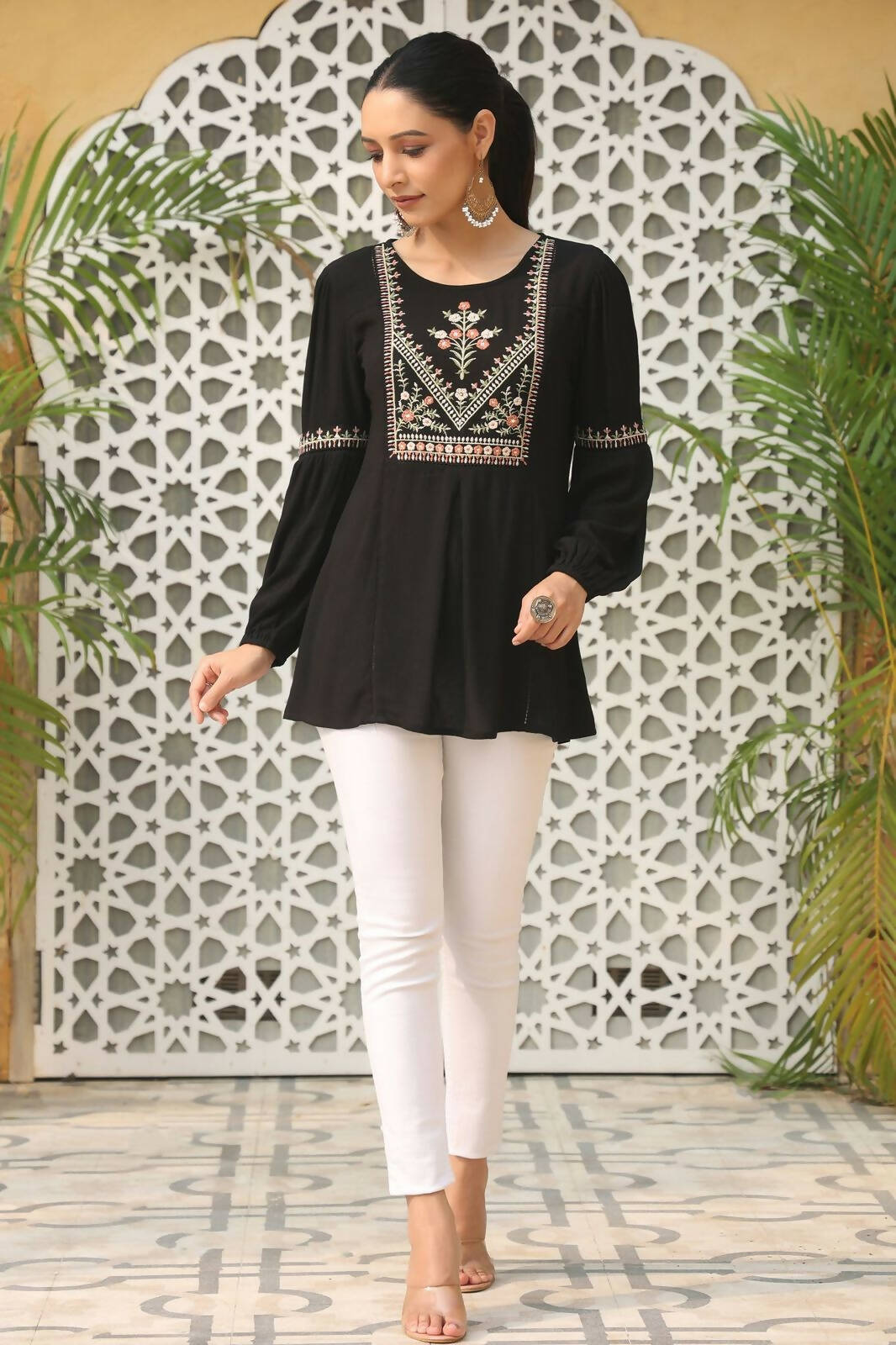 Juniper Women's Black Rayon Crepe Solid With Embroidery Straight Tunic - Distacart