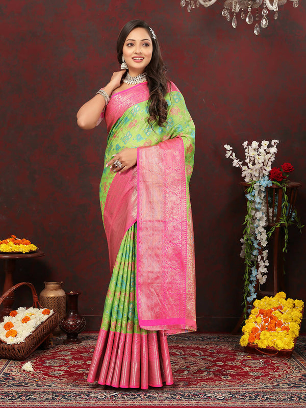 Lorenvalley Fashion Green Cotton Woven Design Zari Meenakari Weaving Saree - Distacart