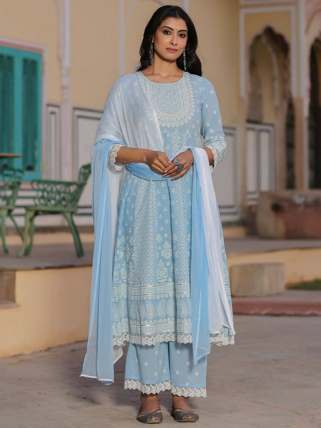 Juniper Women's Powerblue Cambric Floral Printed Anarkali Kurta Sets - Distacart