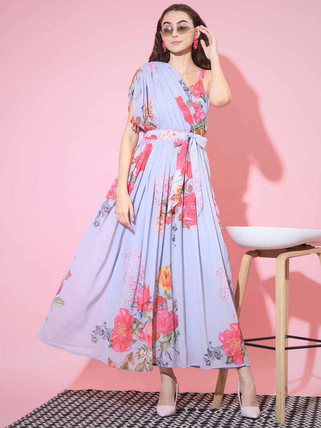 Myshka Women's Grey Floral Printed Empire Dress - Distacart