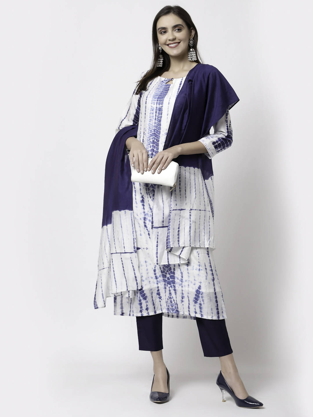 Myshka Women White Viscose Printed 3/4 Sleeve Round Neck Kurta Pant Dupatta Set