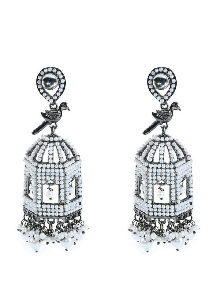 Tehzeeb Creations Oxidised Earrings With White Pearl And Bird Design