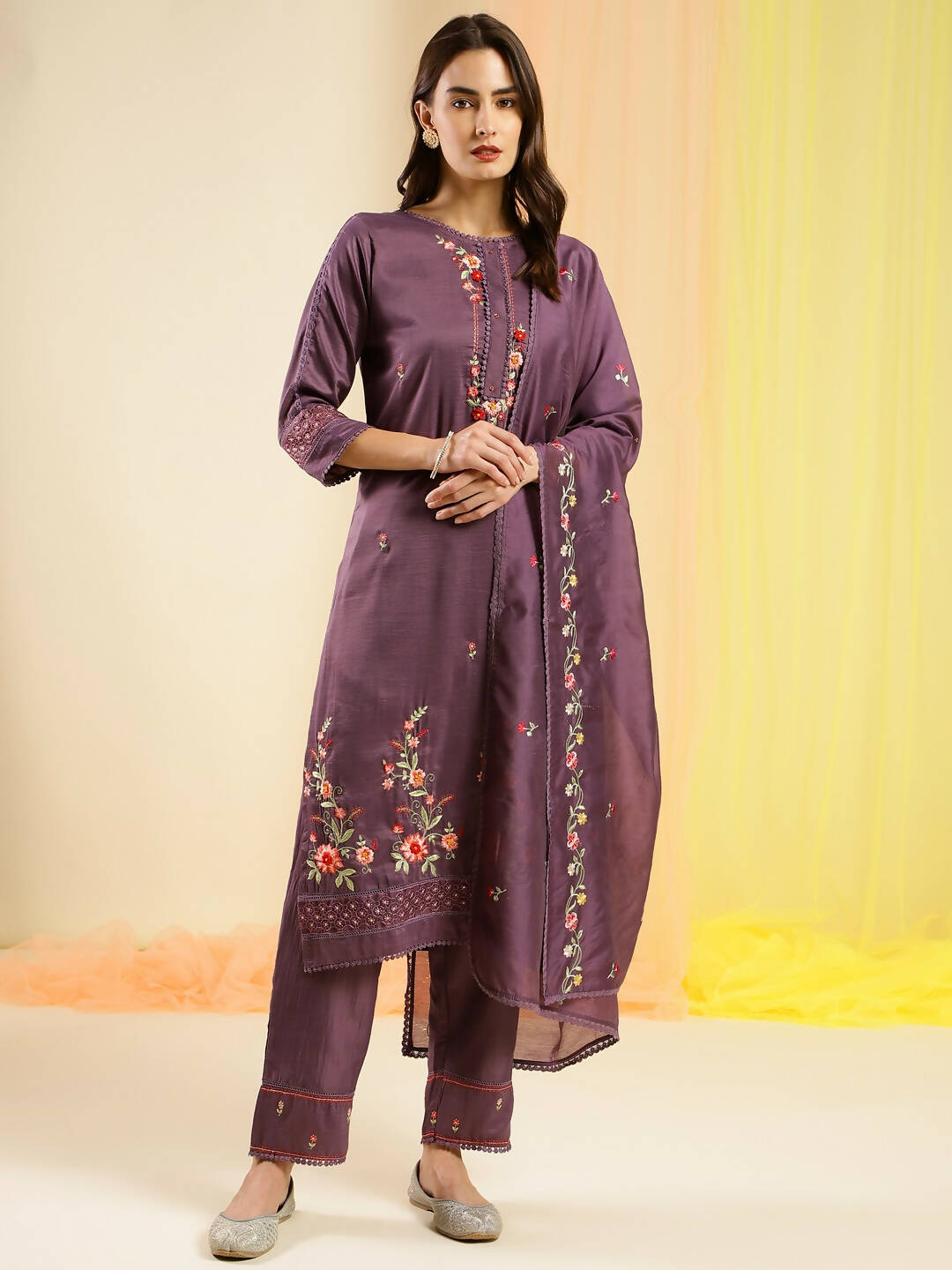 Purple Chinon Embroidered Straight Kurta with Trouser & Dupatta - Salimar - Distacart