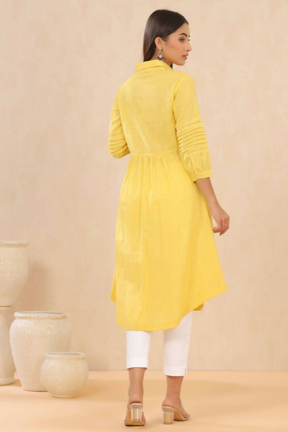 Juniper Womens Blush Yellow Cotton Slub Solid Mid Length Shirt Dress With Lace Detailing - Distacart