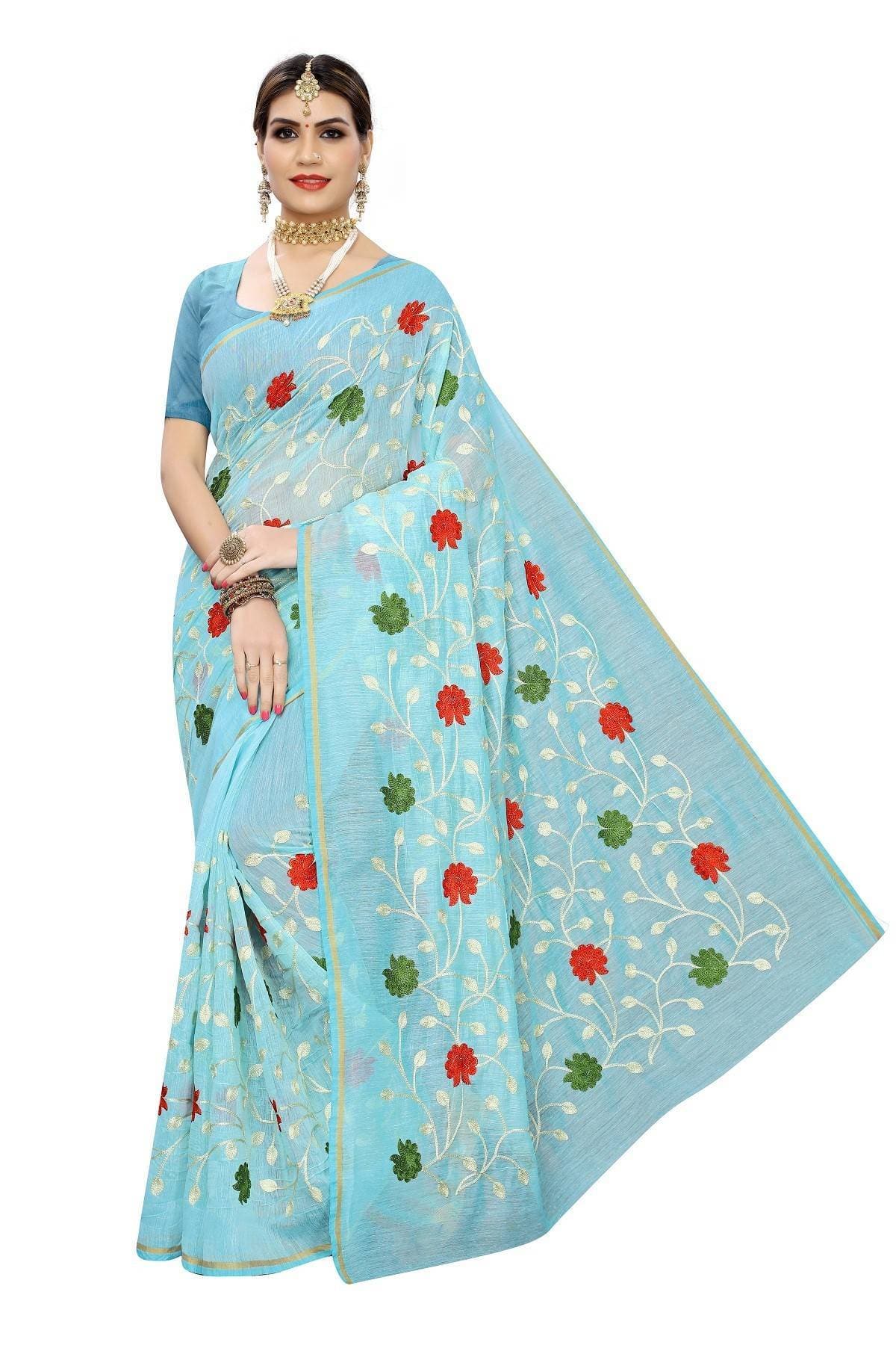Vamika Sky Blue Chanderi Cotton Embroidery Saree