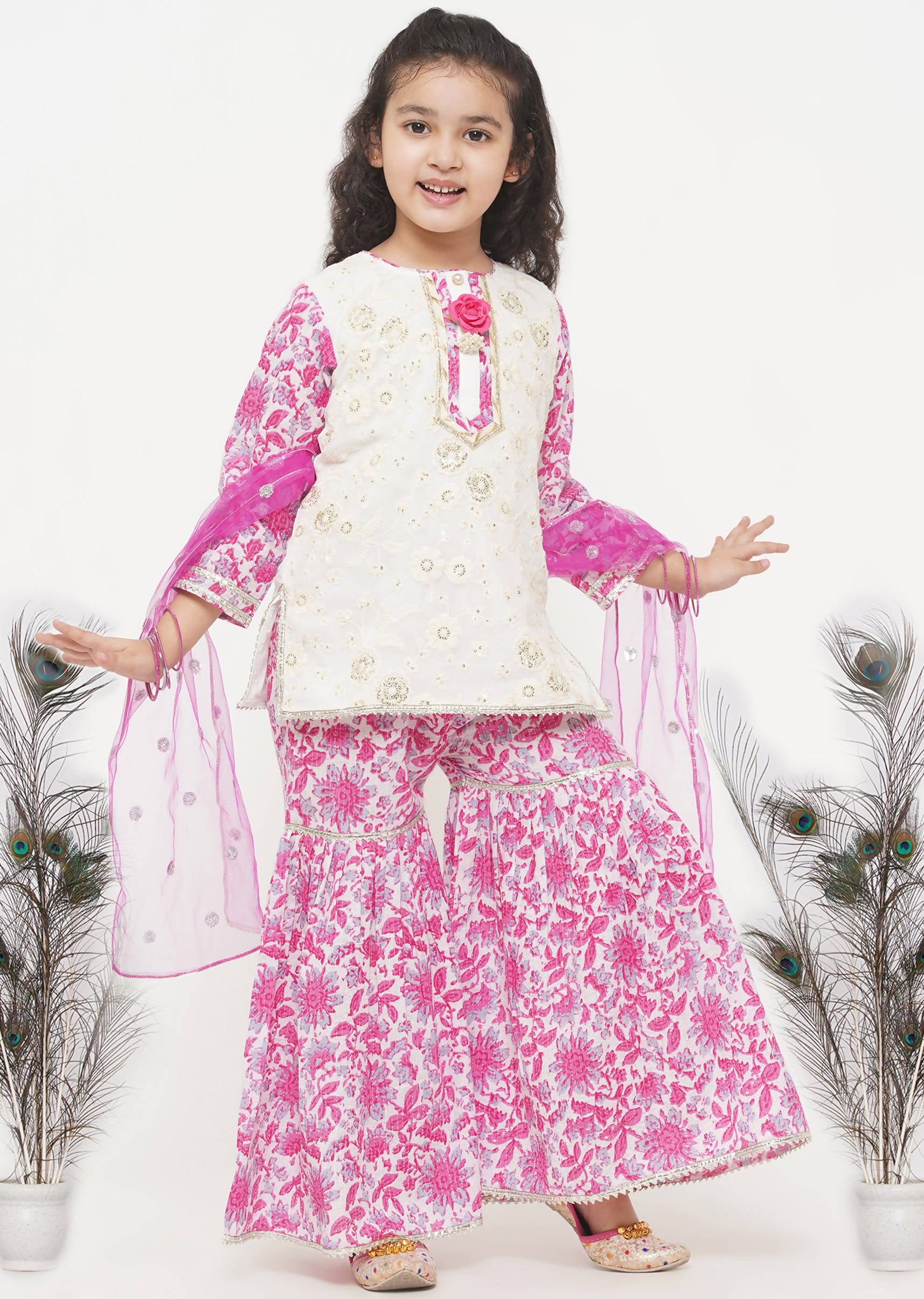 Little Bansi Cotton Embroidery Kurta with Floral Sharara with Dupatta - White & Pink - Distacart