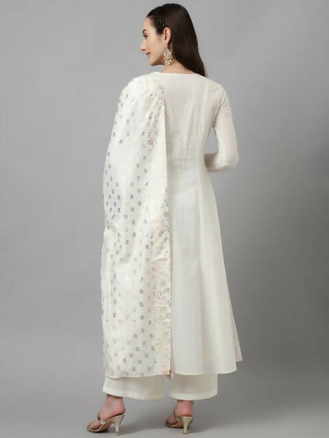 FIORRA Women's White Pure Cotton Flared Kurta Palazzo Set With Dupatta - Distacart