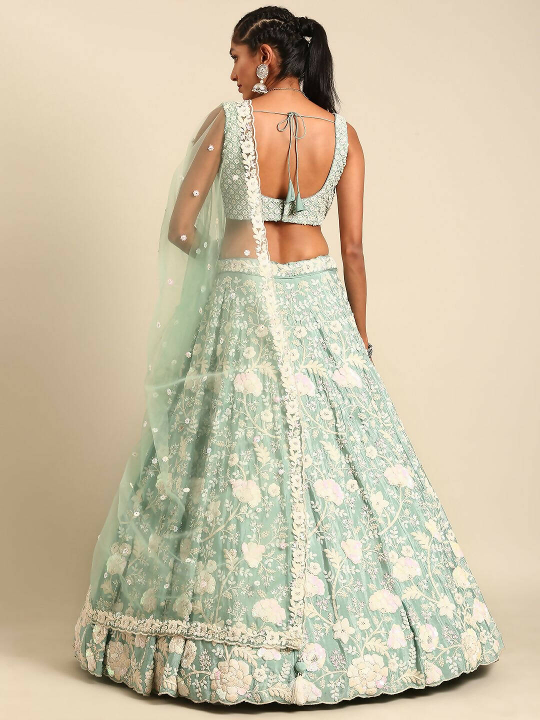 House of Panchhi Sea Green Chinon Sequins and Zarkan embroidery Lehenga choli & Dupatta - Distacart