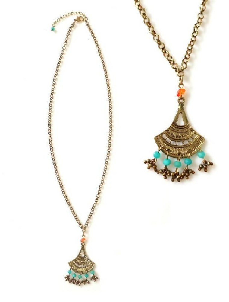 Bling Accessories Antique Brass Finish Long Chain Pendant Metal Necklace with Semi Precious Stones in Coral & Turquoise
