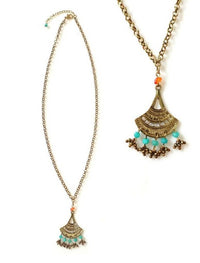 Thumbnail for Bling Accessories Antique Brass Finish Long Chain Pendant Metal Necklace with Semi Precious Stones in Coral & Turquoise