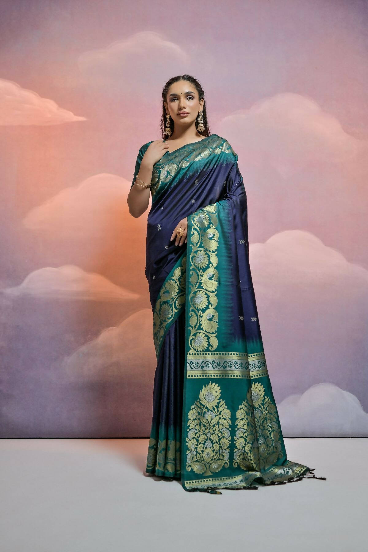 Vishnu Weaves Women's Navy-Blue Soft Silk Zari Woven Saree with Blouse - Distacart