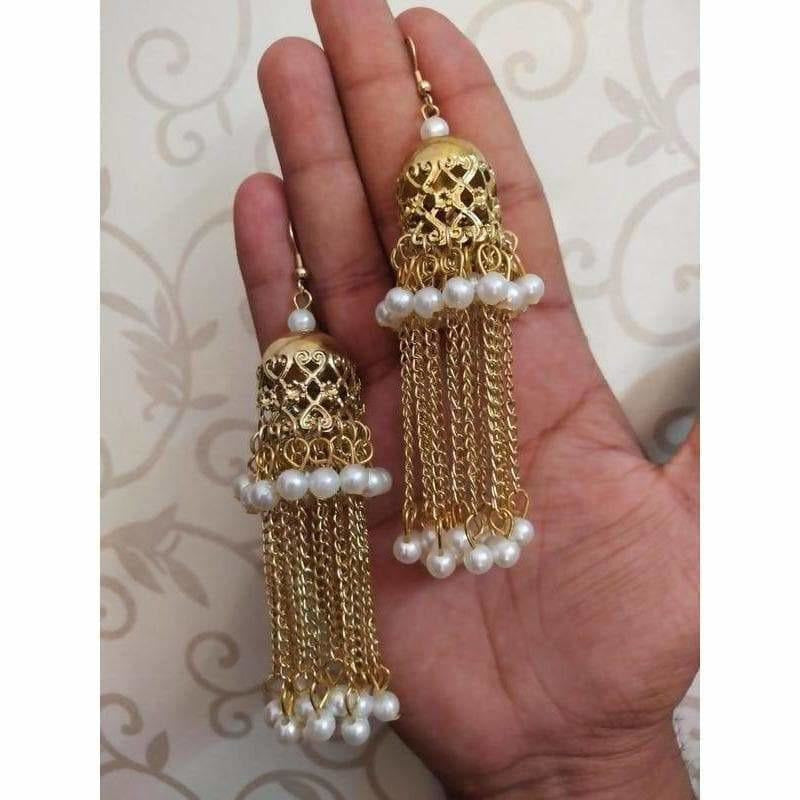 Bridal Gold Color Jhumka And Hanging Chains With White Pearls Earrings