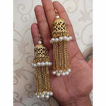 Thumbnail for Bridal Gold Color Jhumka And Hanging Chains With White Pearls Earrings