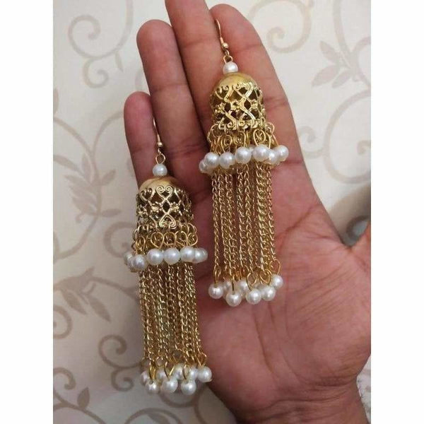 Bridal Gold Color Jhumka And Hanging Chains With White Pearls Earrings