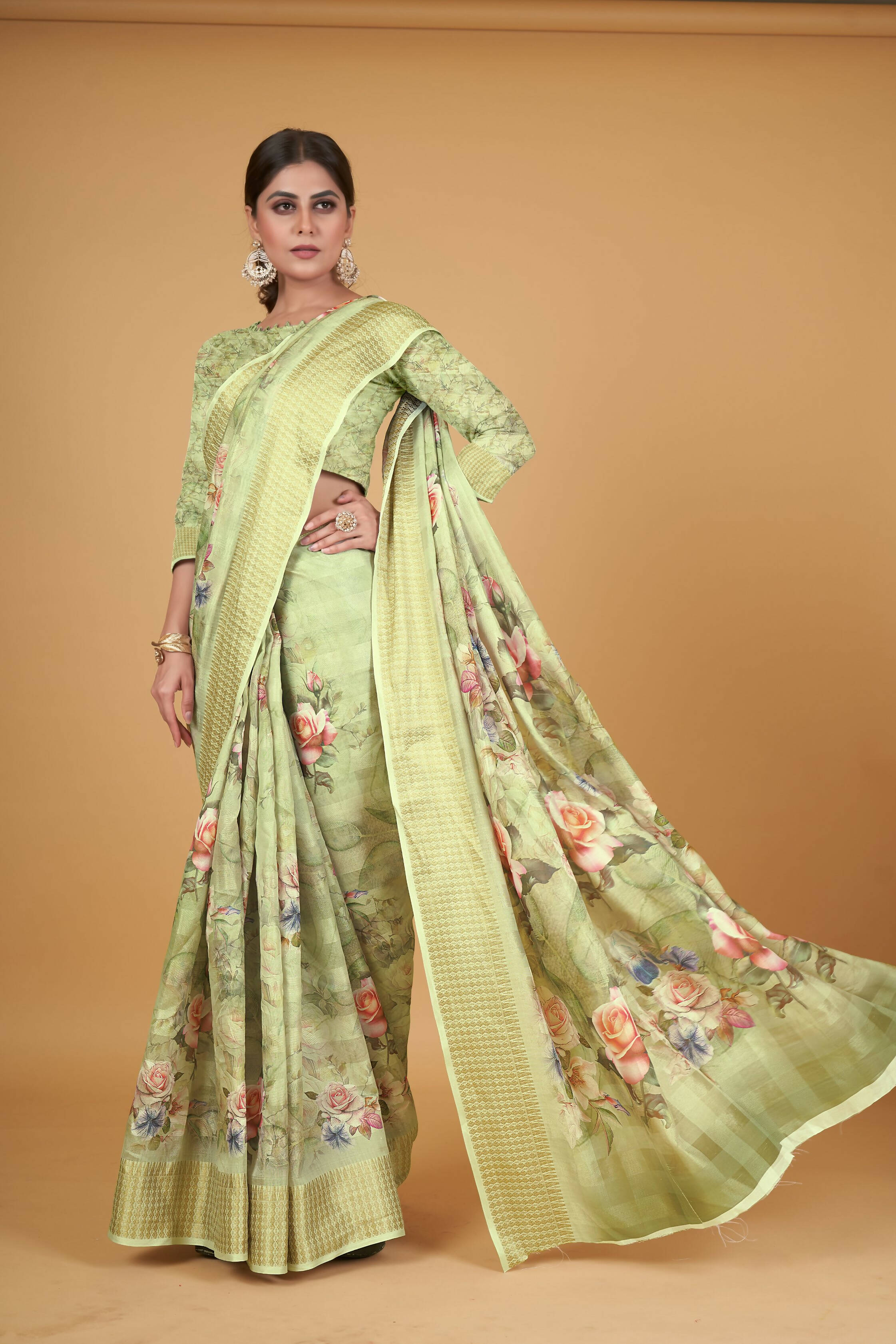 Green Cotton Silk Digital Printed Saree With Unstitched Blouse Piece - Alisha - Distacart
