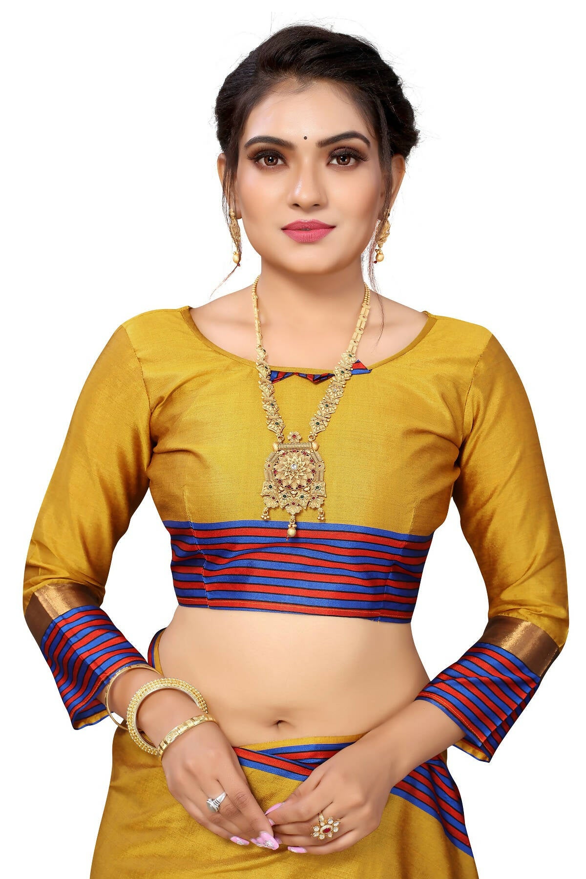 Vamika Ethnic Fire Mustard Cotton Silk Saree - Distacart