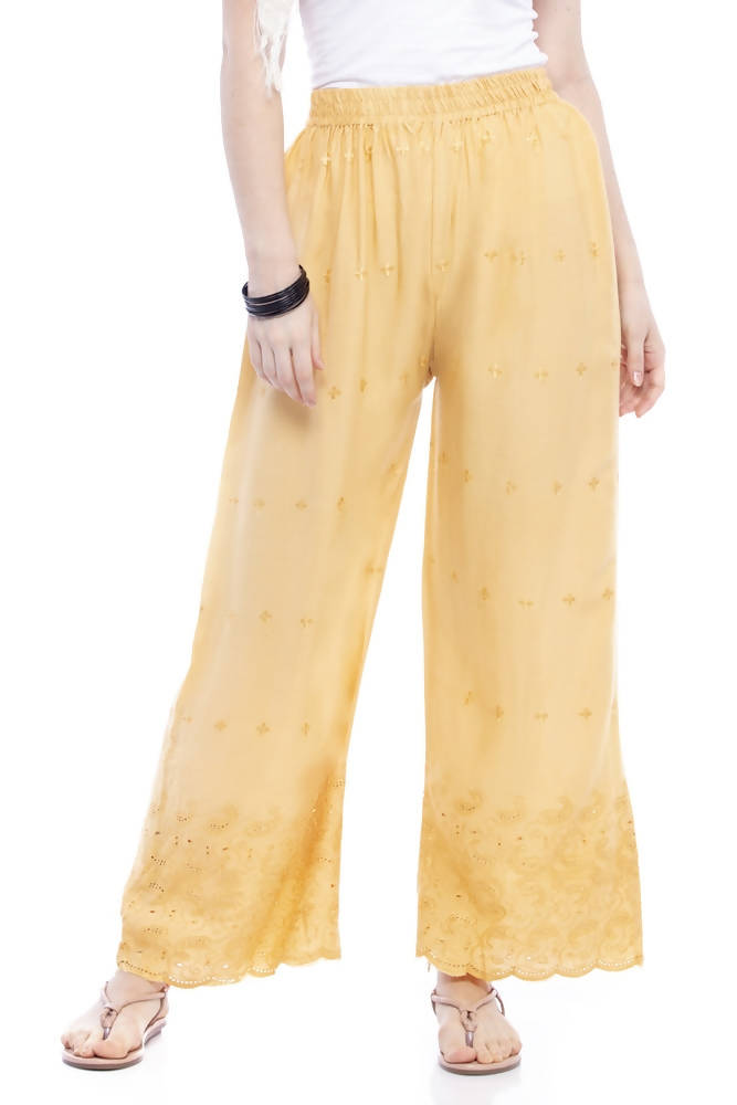 Mominos Fashion Reyon Cotton Dark Golden Embroidery Chikan Palazzo - Distacart