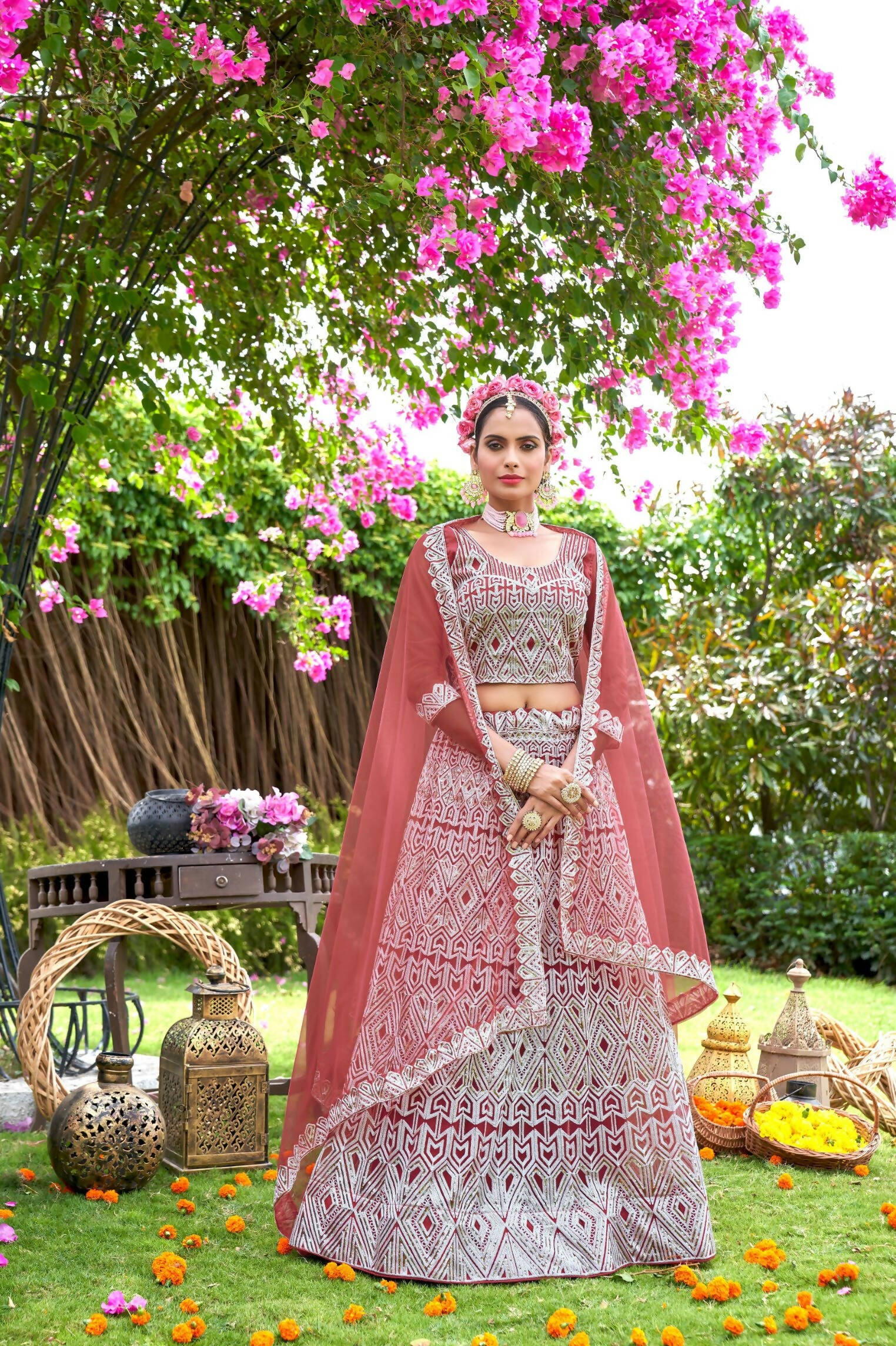Pink Net Embroidered Semi Stitched Lehenga Choli with Dupatta - Bhagya - Distacart