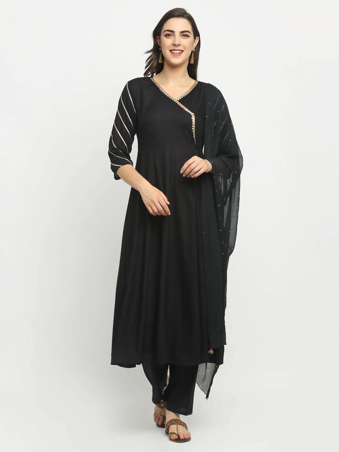 Rudra Bazaar Black Angrakha Style Flared Kurta with Pyjamas & Dupatta - Distacart