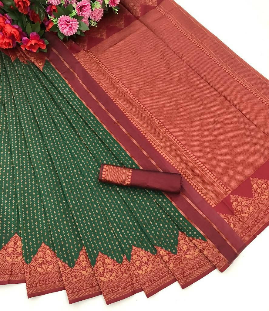 DEIANA'S Beautiful Golden Jari with New Design Soft Lichi Silk Saree - Green - Distacart
