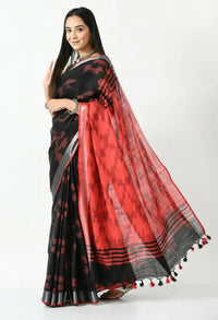 Thumbnail for Mominos Fashion Moeza Black & Red Bhagalpuri Handloom Ikat Pure Cotton Saree with unstitched Blouse piece - Distacart
