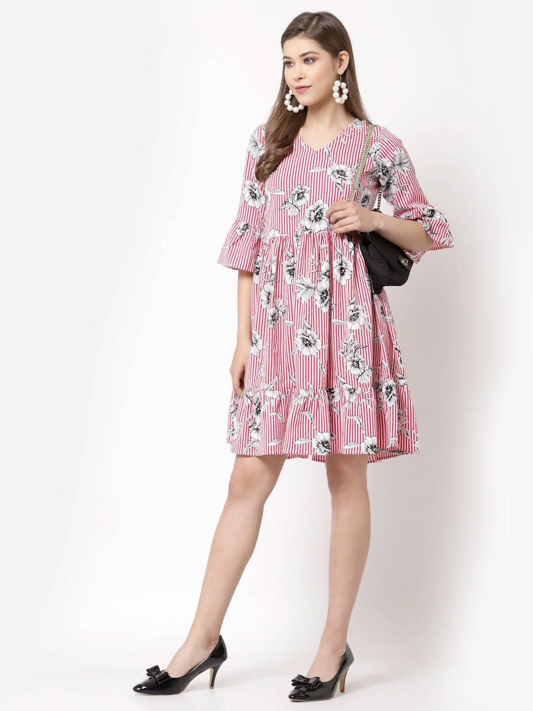 Myshka Women's Pink Poly Crepe Printed Bell Sleeve Round Neck Dress