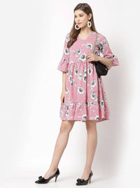 Thumbnail for Myshka Women's Pink Poly Crepe Printed Bell Sleeve Round Neck Dress
