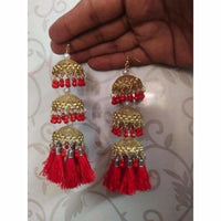 Thumbnail for Gold Color Latkan Red Pearls And Silk Threads Jhumka Earrings