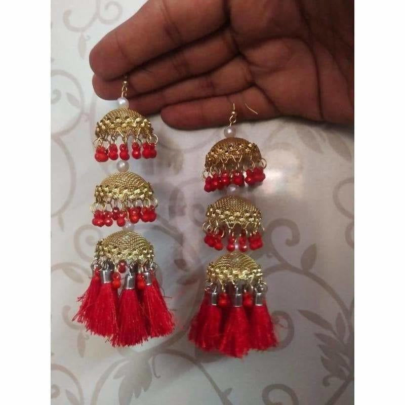 Gold Color Latkan Red Pearls And Silk Threads Jhumka Earrings