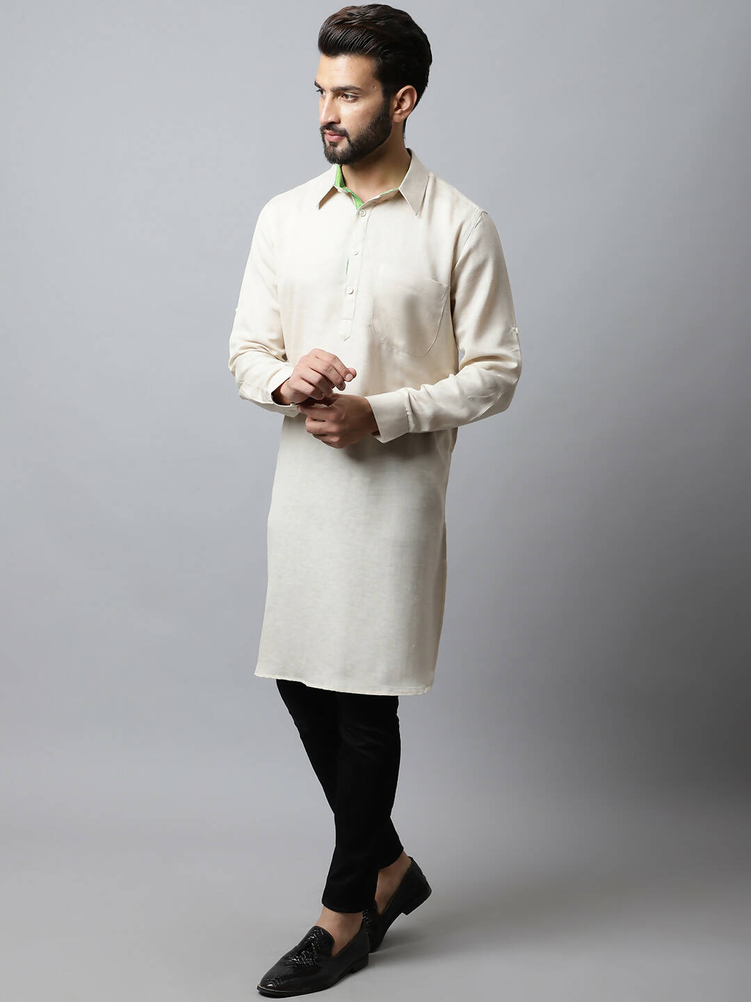 Even Apparels Cream Color Cotton Solid Men's Kurta With Shirt Collar (LN027) - Distacart