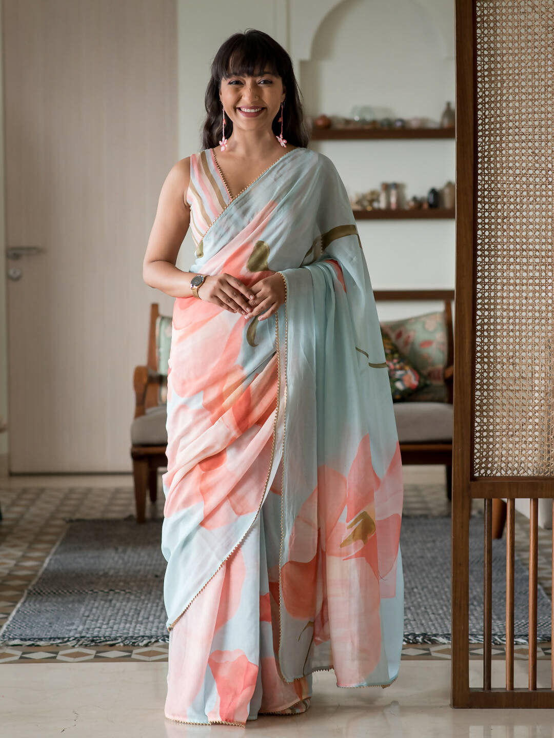 Suta Blue Floral Pure Cotton Saree - Distacart