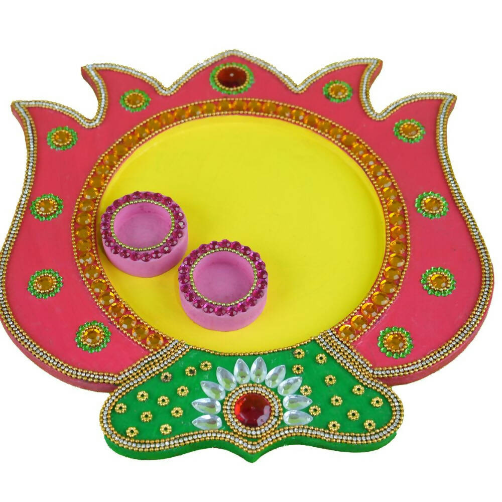 Kundan HandiKrafts Mdf Lotus Pooja Thalis - Pink - Distacart