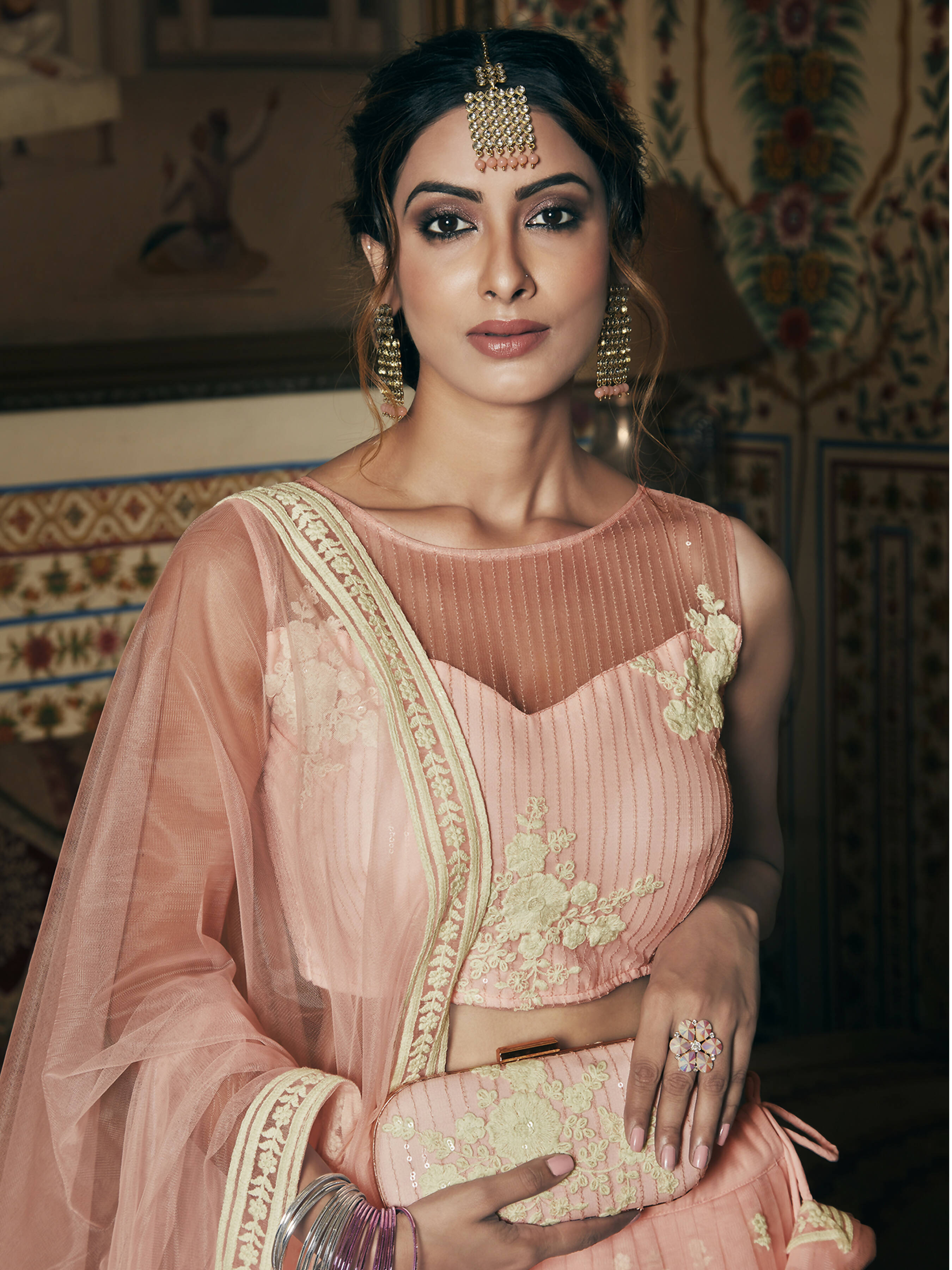 Wedding Designer Sequene Zari Resham Embroidery Peach Net Lahengha Choli - Anbazaar - Distacart