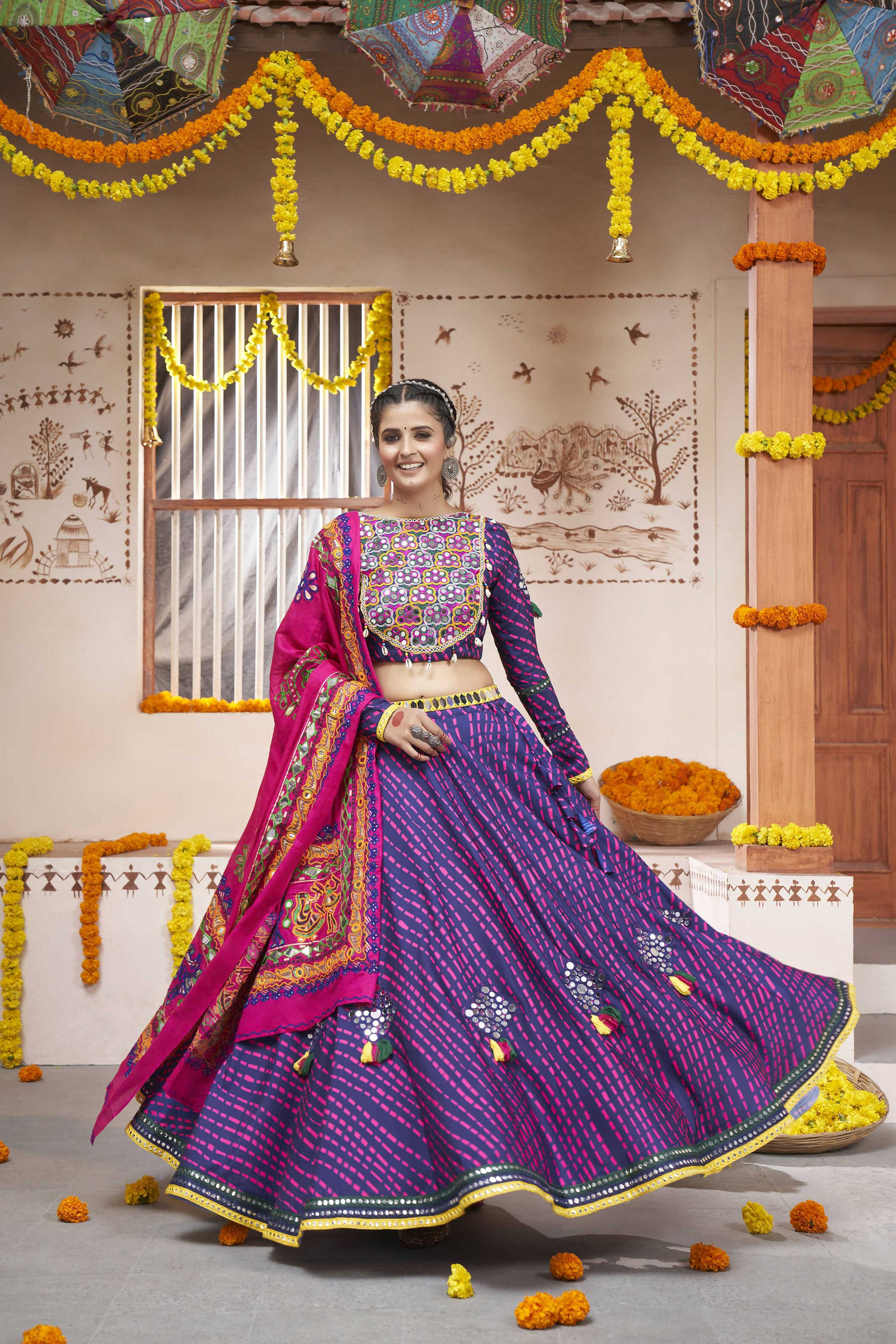 Blue Rayon All over Print with Embroidery Patch Work Navratri Lehenga Choli with Dupatta - Raas - Distacart