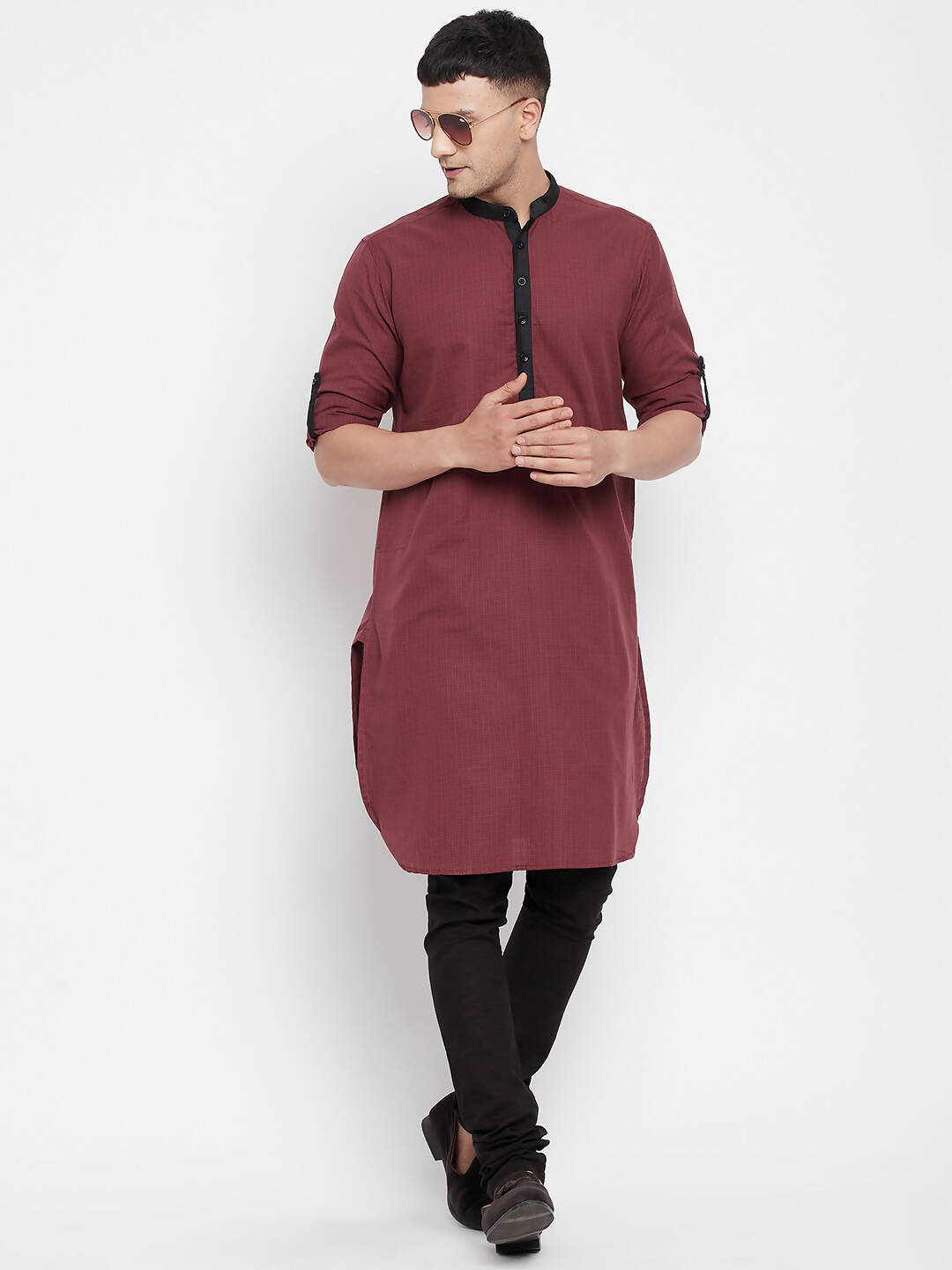 Even Apparels Maroon Pure Cotton Men's Kurta With Contrast Collar And Placket - Distacart