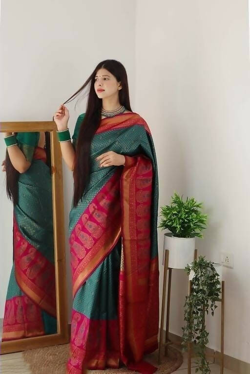DEIANA'S Beautiful Golden Jari with New Design Soft Lichi Silk Saree - Blue - Distacart