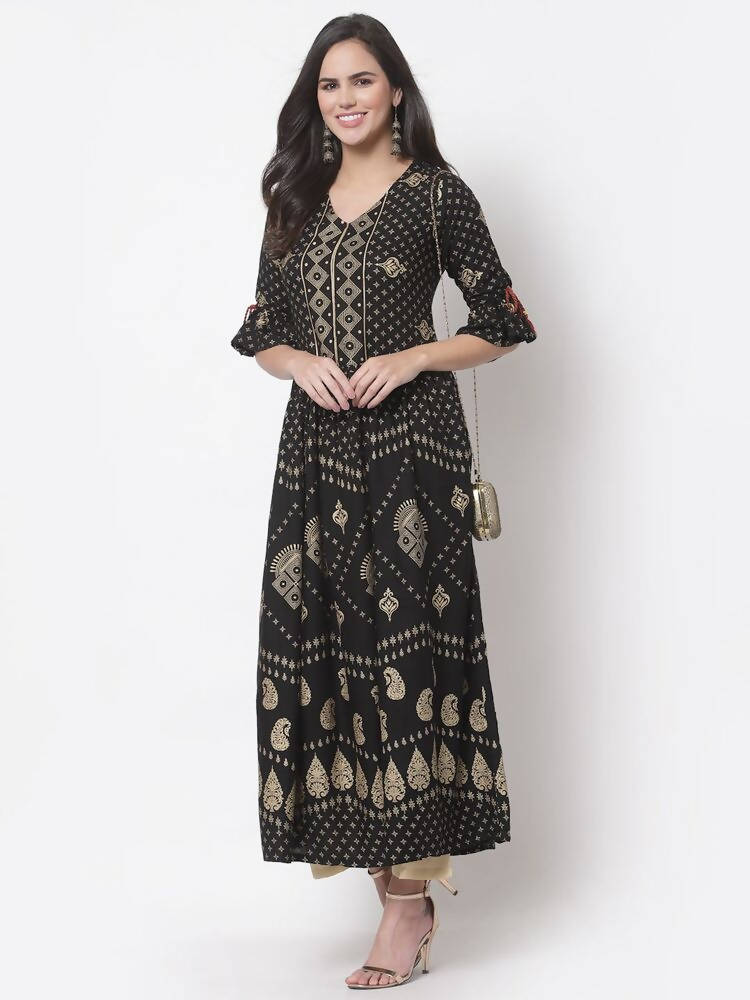 Myshka Women's Black Rayon Printed 3/4 Sleeve V Neck Casual Dress