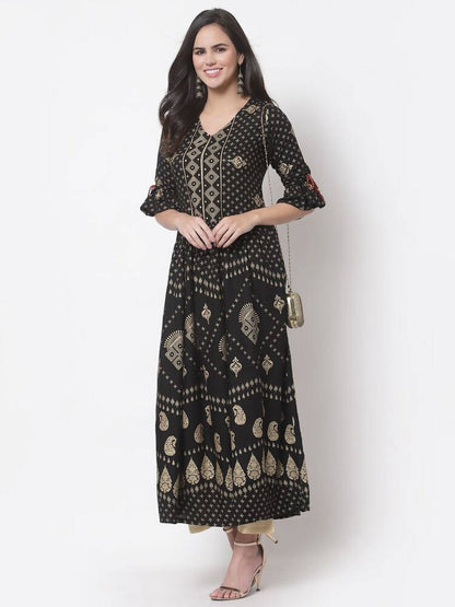 Myshka Women's Black Rayon Printed 3/4 Sleeve V Neck Casual Dress