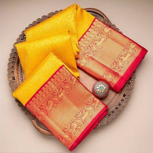 DEIANA'S Beautiful Golden Jari with New Design Soft Lichi Silk Saree - Yellow - Distacart