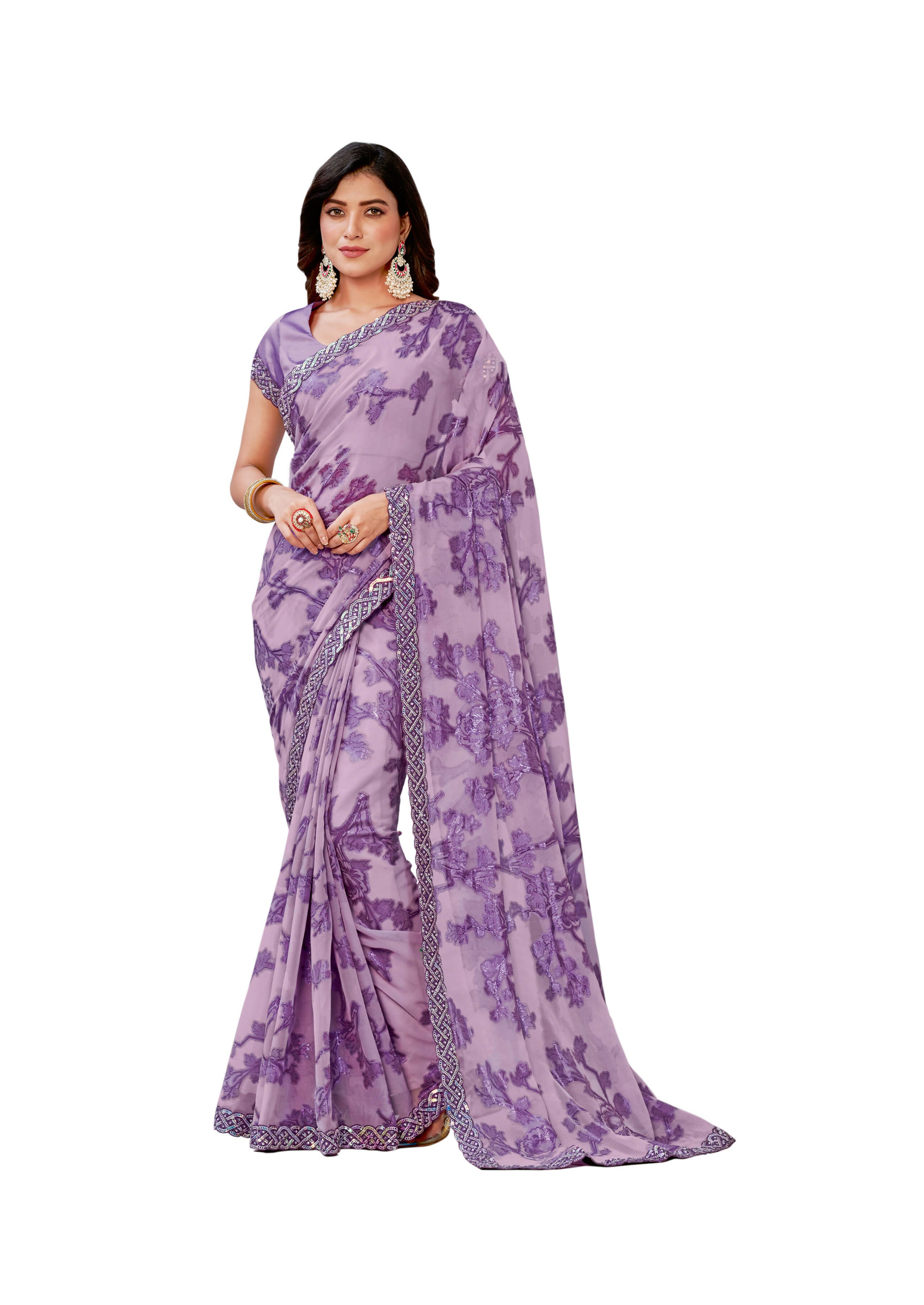 Purple Georgette Zari Jacquard Embroidered Border With Sequence Work Saree With Unstitched Blouse Piece - Norita Zaina - Distacart