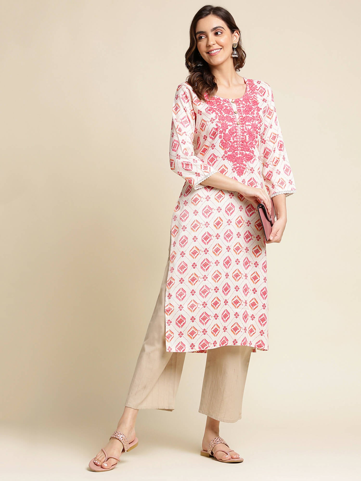 Pink Poly Rayon Aztec Printed Straight Fit Kurta - Prasuti - Distacart
