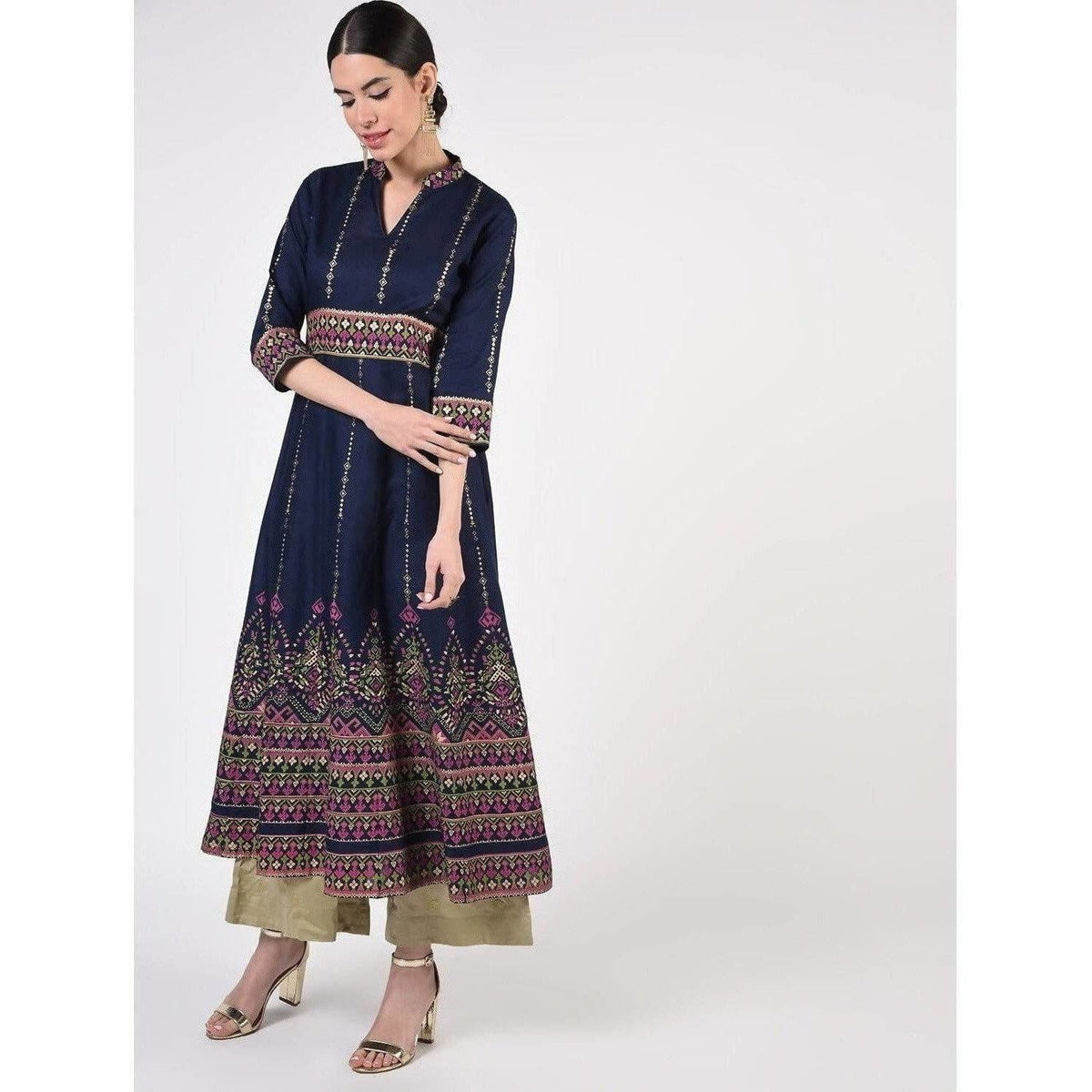Cheera Women's Hand Block Print Ghagra Style Anarkali Kurta (CH036K)