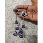 Thumbnail for Kashmiri Triple Blue Color Pearls Hanging Jhumka Earrings