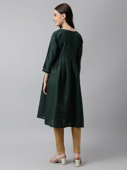 Green Poly Cotton Solid Nayra Cut Kurta - Tirtha - Distacart