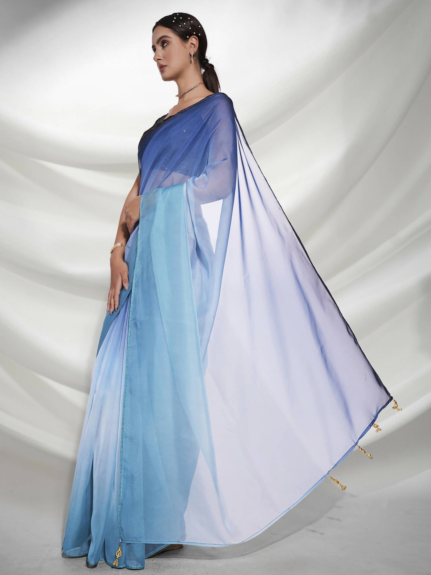 Blue Organza Solid Saree With Unstitched Blouse Piece - Shanaya - Distacart