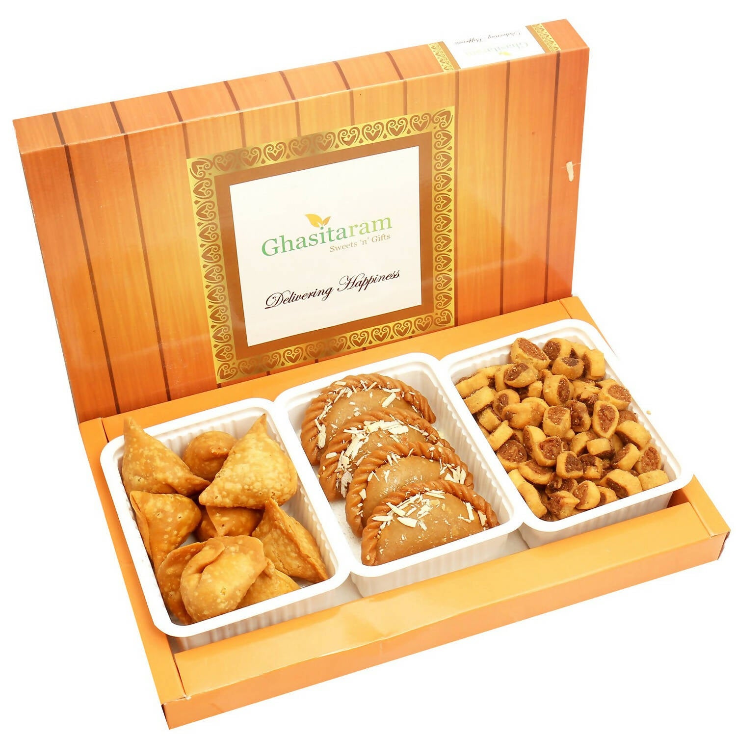 Ghasitaram Holi Hampers: Gujiya, Farsan Samosa and Bhakar Wadi hamper - Distacart