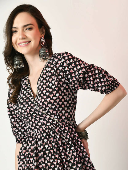 Myshka Women's Black Empire Printed Dress - Distacart