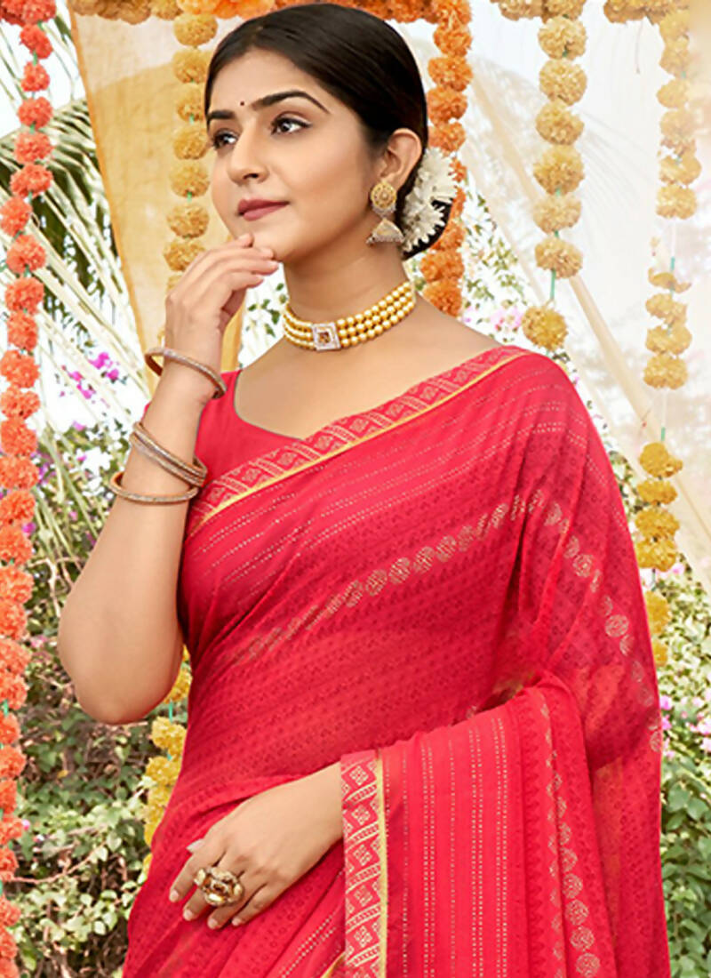 Red Georgette Foil Printed Saree with Unstitched Blouse Piece - Avika - Distacart